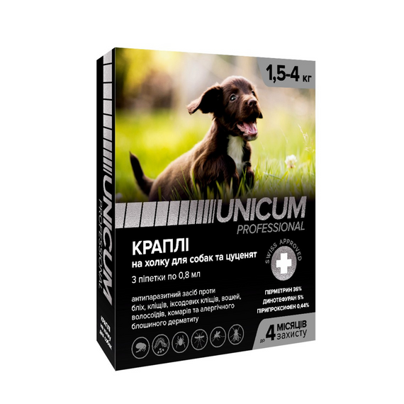 Капли от блох и клещей на холку для собак Unicum PRO 1, 5-4 кг (перметрин) 3шт/уп