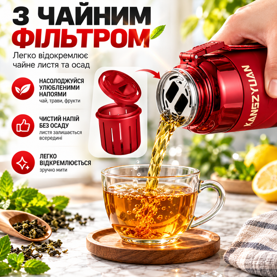 Спортивная бутылка KANGZYUAN 1000 мл красная Tritan BPA-free, ударопрочная эко-бутылка с ситечком и ремешком | Зображення 8