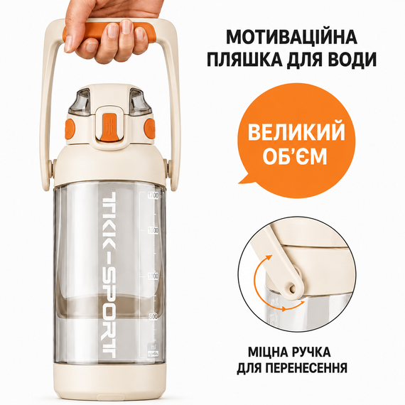 Бутылка TKK 1400 мл - Белая Tritan BPA-free, ударопрочная, спортивная с двойной системой переноски | Зображення 1