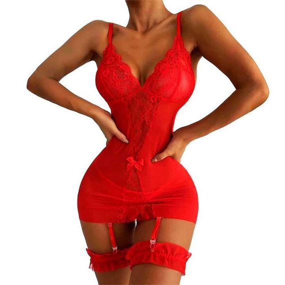 Коротенький пеньюар із підв'язками для панчіх червоний XS-S — Еротична білизна | Зображення 1