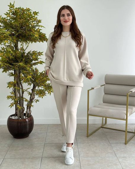 Жіночий спортивний костюм прогулянковий світшот і штани SG953 колір бежевий, розмір 46/48