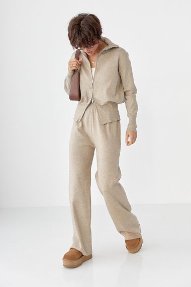 Трикотажний костюм із коротким кардиганом на блискавці та широкими штанами - світло-коричневий цвет, ONE SIZE (є розміри)