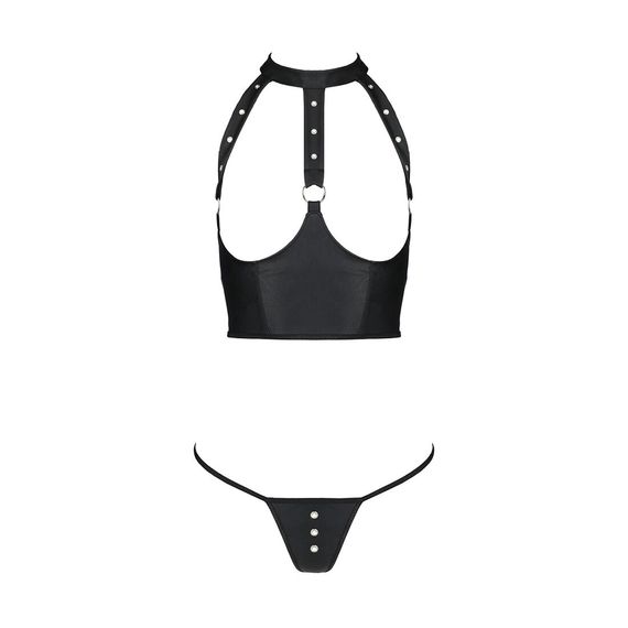 Комплект білизни з відкритими грудьми Passion GENEVIA SET WITH OPEN BRA S/M black, корсет, стрінги | Зображення 2