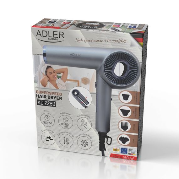 Фен Adler AD 2289 SUPERSPEED 1600 Вт, безщітковий, іонізація, 4 насадки | Зображення 9