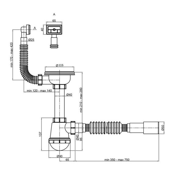 Сифон для кухонной мойки Lidz (WHI) 60 05 M001 01 EURO (выход 50 мм) | Зображення 1