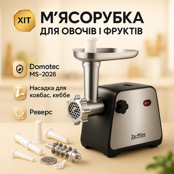 Электромясорубка бытовая с насадкой для кебба Domotec, Хорошая мясорубка с соковыжималкой BR-90