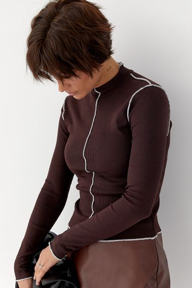 Лонгслів у рубчик з контрастними швами назовні - коричневий цвет, XL (є розміри)