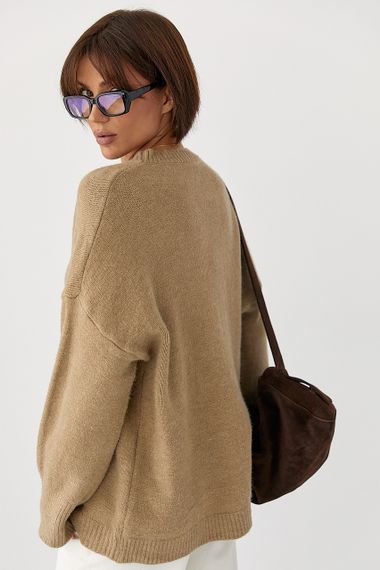 В’язаний однотонний джемпер вільного фасону - кавовий цвет, ONE SIZE (є розміри) | Зображення 1