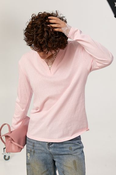 Вільний лонгслів з мереживом - пудра цвет, ONE SIZE (є розміри) | Зображення 4