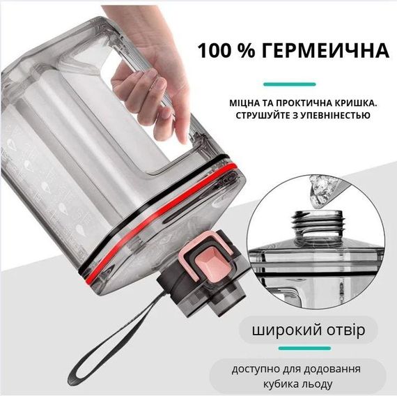Пляшка для води 2200 мл (2.2 л) — Чорна, XL-об'єм, BPA-free матеріал для спорту та бодібілдингу | Зображення 2