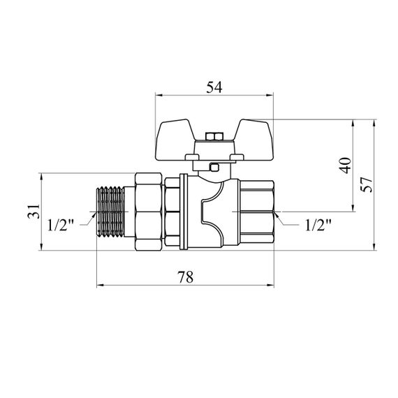 Кран-американка кульовий прямий WaGa 1/2" PN40 метелик, нікельований | Зображення 1