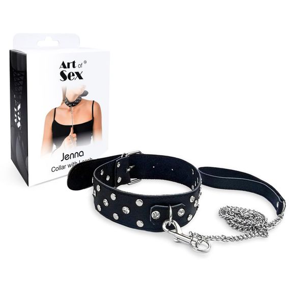 Ошейник с поводком из натуральной кожи с заклепками Art of Sex - Jenna Collar with Leash, черный Sex Aura | Зображення 2