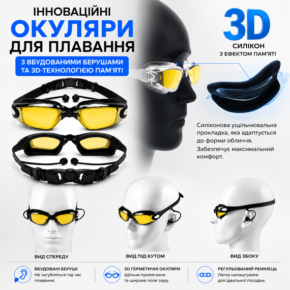 Окуляри для спортивного плавання, змагань та басейну стартові з 3D-технологією пам'яті та берушами | Зображення 7