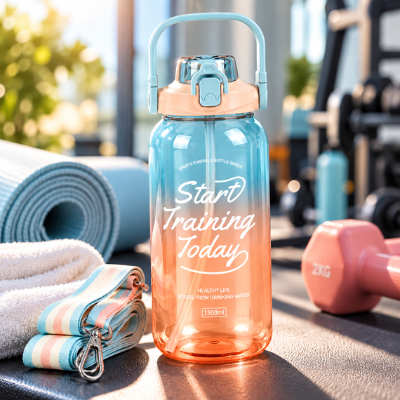 Спортивная бутылка для воды START TRAINING 1500 мл — голубая, с ручкой, трубочкой и ремешком | Зображення 8