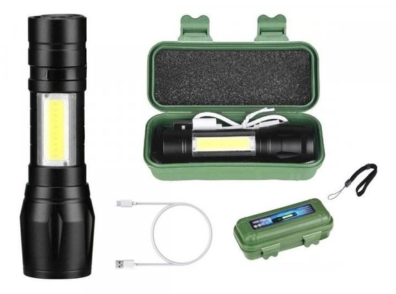Світлодіодний ліхтарик акумуляторний XPE+COB+Light A-2821 ручний, Чорний
