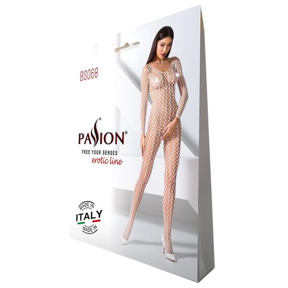 Бодістокінг Passion BS068 white, комбінезон, велика сітка, довгий рукав, S/M/L | Зображення 4