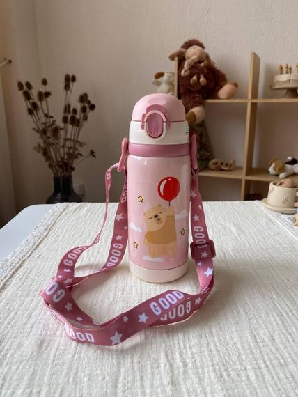 Термос дитячий для напоїв з трубочкою 450мл Рожевий з малюнком | Зображення 1