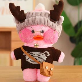 Велика Плюшева Іграшка Качка Джудіт Лалафанфан Рожева в Окулярах Cafe Mimi у Пов'язці з Рогами 30 см