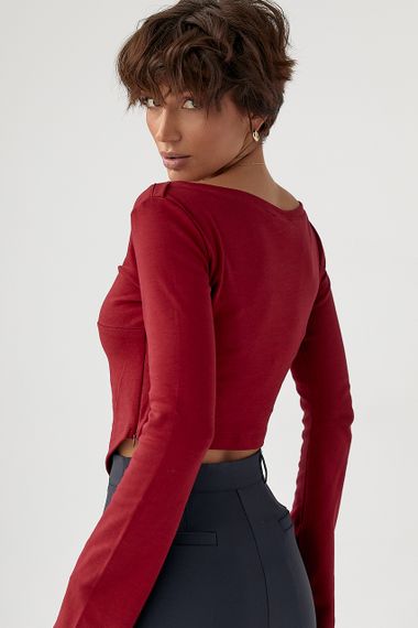 Трикотажна блуза з асиметричним низом - темно-червоний цвет, S (є розміри) | Зображення 1