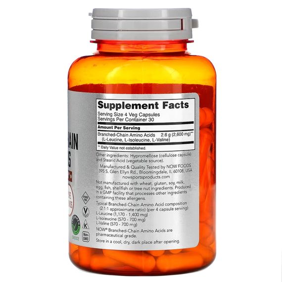Амінокислоти NOW Sports, Branched-Chain Amino Acids, 120 Veg Capsules | Зображення 1
