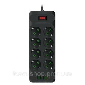 Сетевой фильтр F34U, 8 розеток EU + 4 USB + 2 PD, кнопка включения с индикатором, 2 м, 3х0,75мм, 2500W, Black,