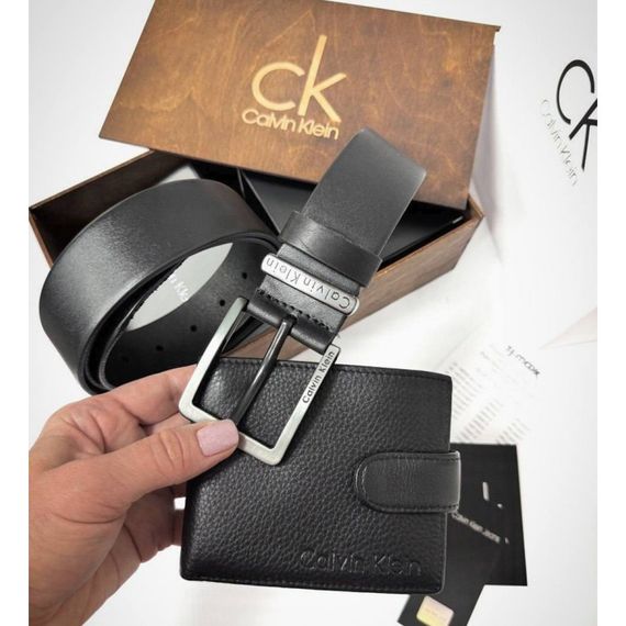 Чоловічий подарунковий набір ремінь і портмоне у дерев'яній коробці Calvin Klein натуральна шкіра | Зображення 2