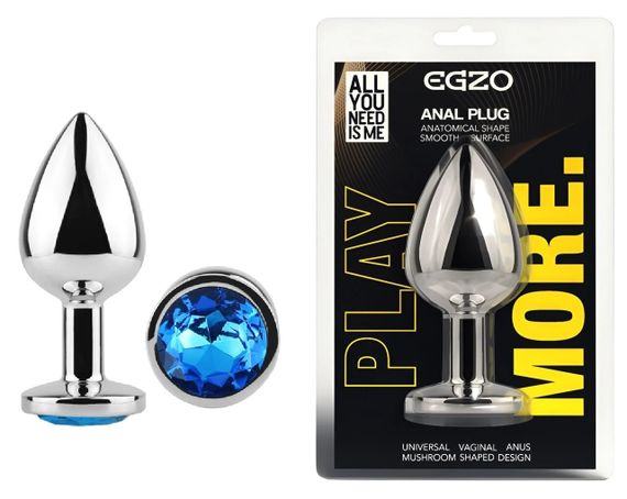 Анальна пробка EGZO Silver Round Plug S з медичної сталі з синім кристалом Sex Aura