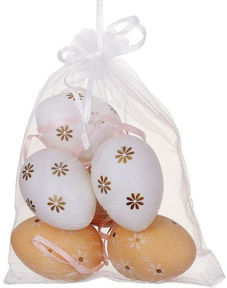 Пасхальний декор "Яйця в мішечку", 6 яєць-підвісок 4х6см у сітці, білий з бежевим