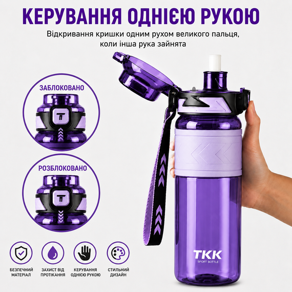 Бутылка спортивная TKK Tritan 1000 мл -Фиолетовая, ударопрочная, BPA-free, с ремешком и откидной крышкой | Зображення 2