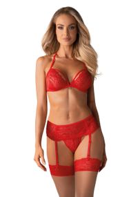 Комплект білизни з поясом для панчох Obsessive 838-SEG-3 set Червоний S/M