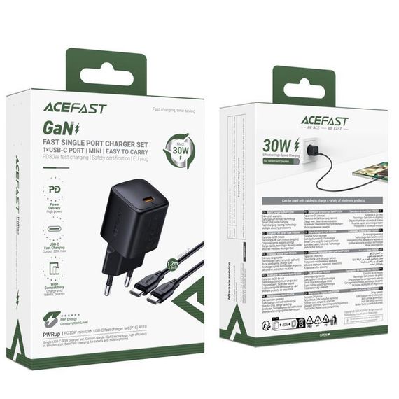 СЗУ Acefast A118 PD30W GaN (1USB-C) + кабель Type-C to Type-C Black | Зображення 2