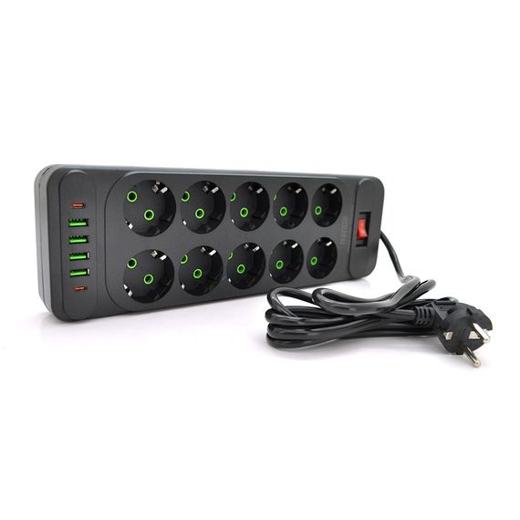 Мережевий фільтр Meilepai F35U, 10 розеток EU + 4 USB + 2 PD | Зображення 1