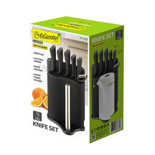 Набір ножів 8 предметів:(6шт + обробна дошка + підставка з тримачем паперових рушників) чорний MR-1413-BLACK Maestro | Зображення 1
