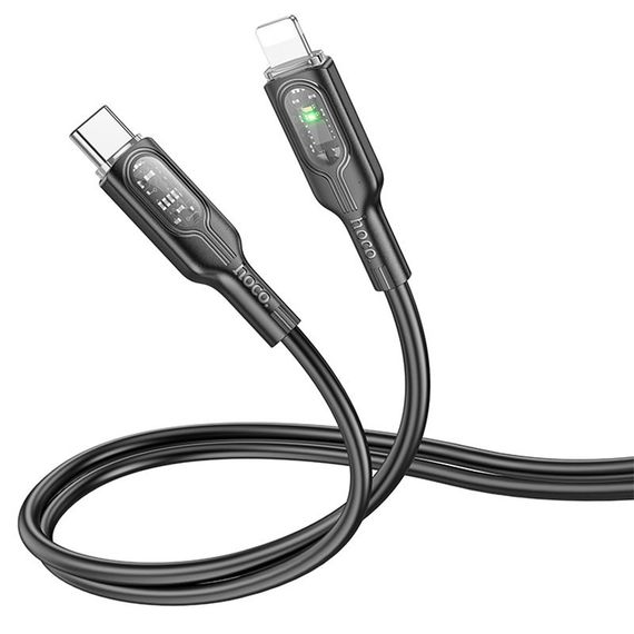 Дата кабель Hoco U120 Transparent explore intelligent power-off PD 27W Type-C to Lightning (1.2m) Black | Зображення 1