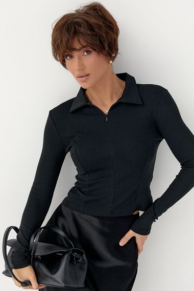 Укорочений лонг-поло із блискавкою на горловині - чорний цвет, M (є розміри)