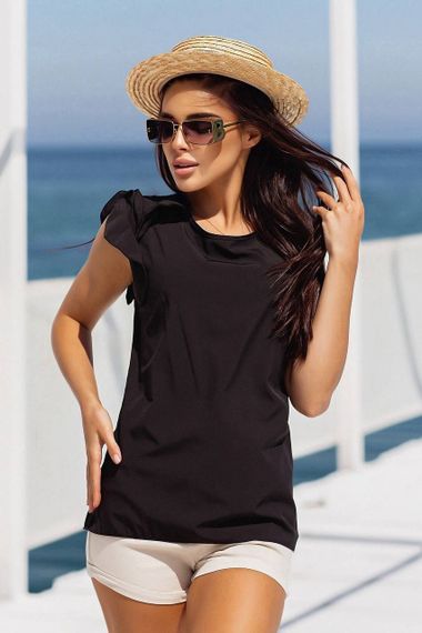 Женская легкая летняя блуза с коротким рукавом волан MI499 цвет черный, размер 46/48 | Зображення 2