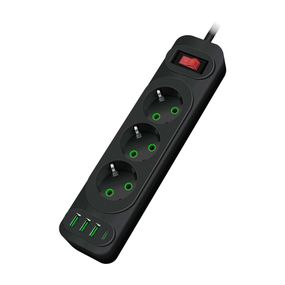 Мережевий фільтр F23U, 3 розетки EU +3 USB + PD, кнопка включення з індикатором, 2 м, 3х0,75мм, 2500W, Black, Box