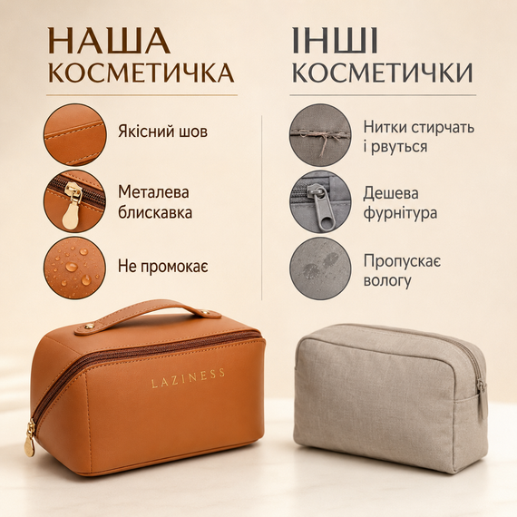 Дорожня косметичка-органайзер AND XL-1010 коричнева жіноча із 7 відділеннями, екошкіра, блискавка та ручка для перенесення | Зображення 2