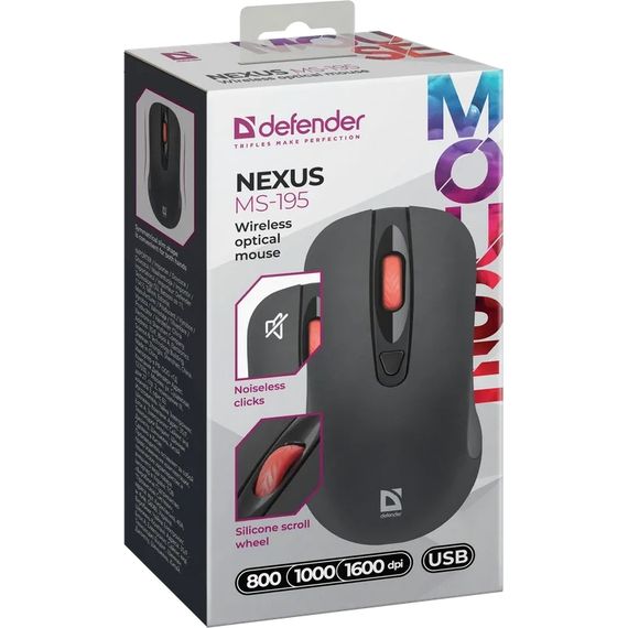 Мишка Defender Nexus MS-195 бездротова, 4 кн. до 1600 dpi, безшумна, чорна | Зображення 3