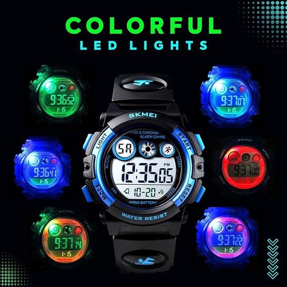 Детские электронные спортивные часы Skmei, водонепроницаемый, LED подсветка, секундомер, черные стильные часы | Зображення 5
