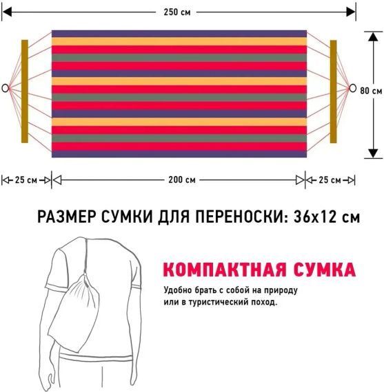 Гамак подвесной хлопковый (усиленный) с деревянными планками (200 см/80 см) красный | Зображення 1