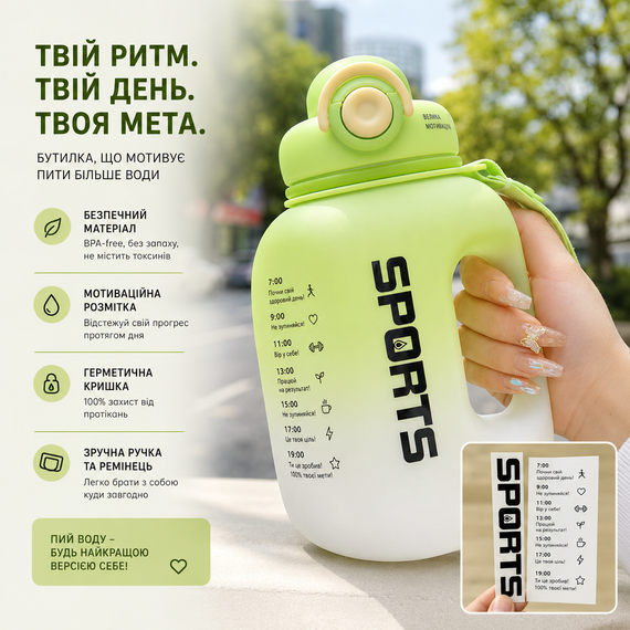 Бутылка для воды спортивная SPORTS 1600 мл зеленая .  Большая мотивационная бутылка с ручкой для тренировок и фитнеса | Зображення 3