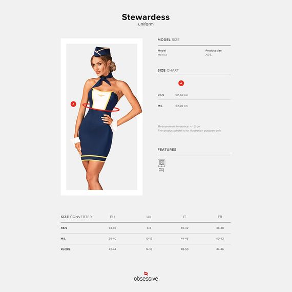 Еротичний костюм стюардеси Obsessive Stewardess uniform XS/S, blue, сукня, пілотка, шарф, манжети | Зображення 6