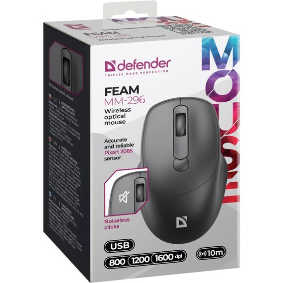 Мишка Defender Feam MM-296, бездротова, 4кн. до 1600 dpi, безшумна, чорна | Зображення 3