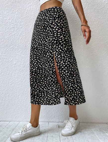 Женская летняя легкая юбка миди с разрезом с цветочным принтом AG150 размер 42/44 цвет черный | Зображення 2