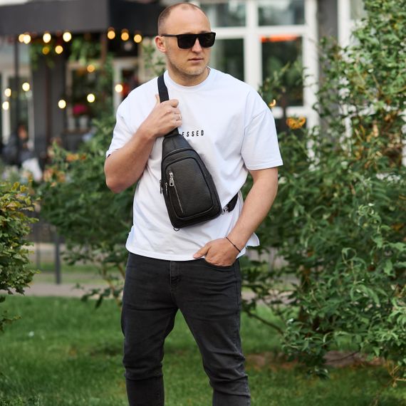 Сумка-слінг чоловіча чорна через плече з натуральної шкіри TIDING BAG 32545 | Зображення 9