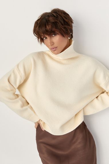 Теплий вільний гольф з розрізами внизу - кремовий цвет, ONE SIZE (є розміри)