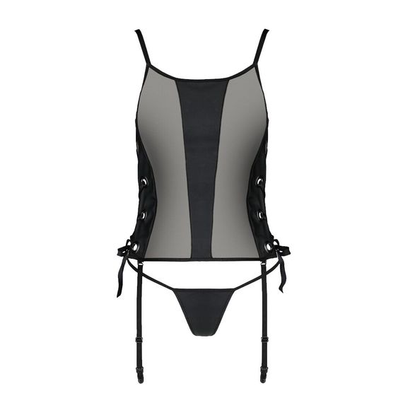 Сітчастий корсет з екошкіри Passion MALWIA CORSET 6XL/7XL black, з люверсами та знімними пажами | Зображення 2