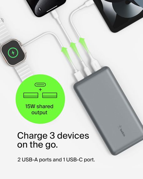 Акумулятор портативний Belkin літій-іонний Power Bank 20000мА·год, 15Вт, 2хUSB-A/USB-C, cірий (BPB012BTGY) | Зображення 1