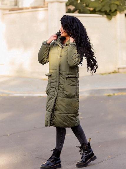 Женская теплая зимняя длинная куртка-пальто MM467 размер 54/56 цвет хаки | Зображення 2